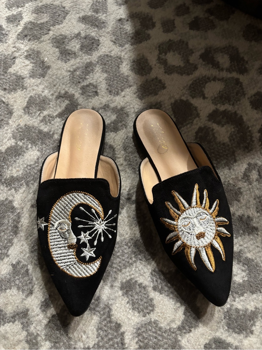 Black Embroidered Sun & Moon Slip-On Mules 7